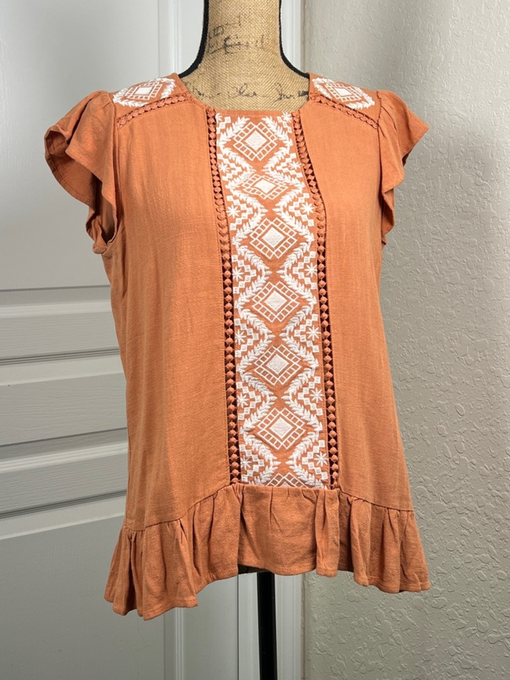 bohme Rust Orange Embroidered Ruffle Sleeve Blouse